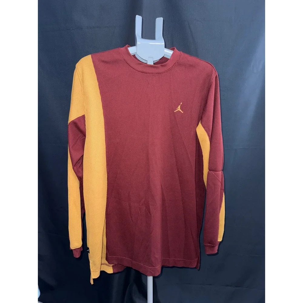 Jordan Brand Mens Waffle Knit Thermal Shirt Burgundy Gold Colorblock Large L